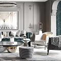 Elegant Modern Living Room With Grey Walls Decorative Panels Velvet Armchair And Woven Ottoman