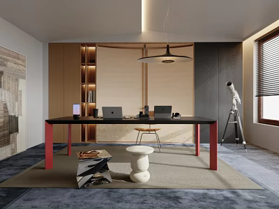 Modern Study Room Interior Design With Black Desk Red Legs Laptop And Wooden Bookshelf Telescope 3d model