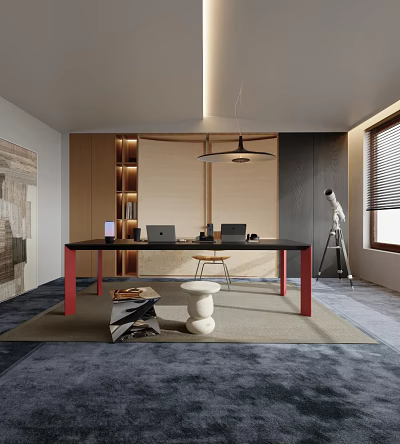 Modern Study Room Interior Design With Black Desk Red Legs Laptop And Wooden Bookshelf Telescope 3d model