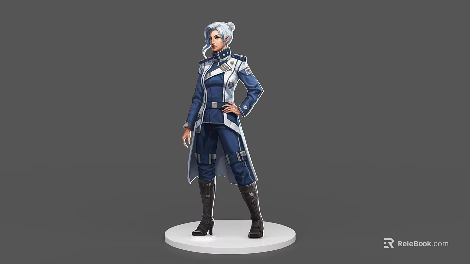 Silver Haired Female Game and Movie Character in Blue Uniform with Long Coat and Boots 3d model 