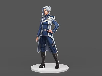 Silver Haired Female Game and Movie Character in Blue Uniform with Long Coat and Boots 3d model
