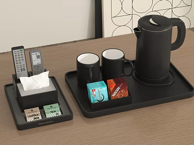 Black Electric Kettle With Mugs Tea Coffee Packets On Table Trays 3d model