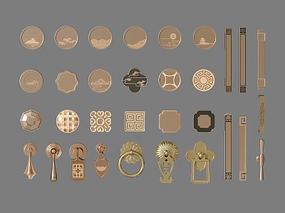 New Chinese Round Door Handle Antique Copper Drawer Handle Copper Carved Square 3d model