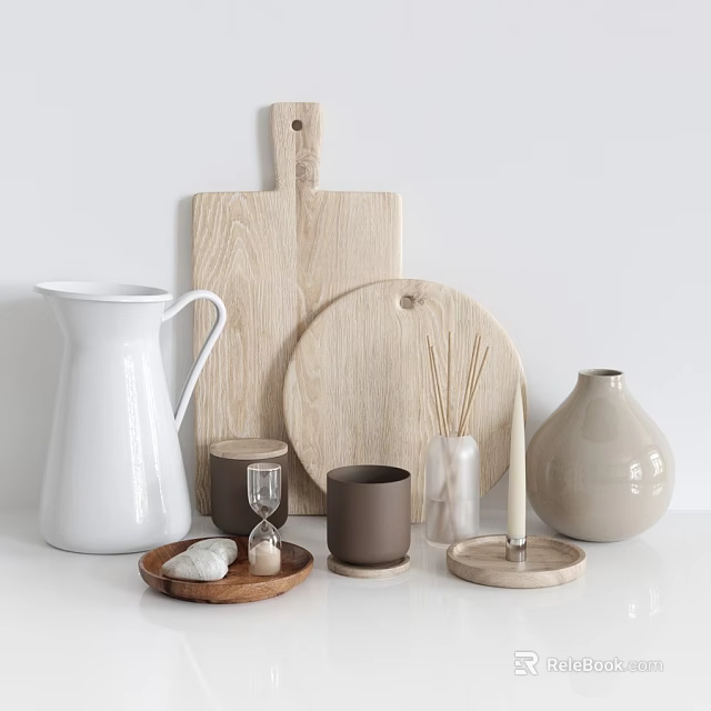 Modern Kitchenware Collection Featuring Wooden Cutting Boards White Jug Brown Mugs Vases And Reed Diffuser 3d model 