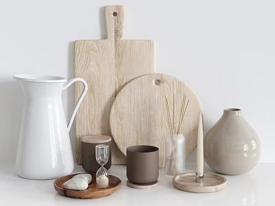 Modern Kitchenware Collection Featuring Wooden Cutting Boards White Jug Brown Mugs Vases And Reed Diffuser 3d model