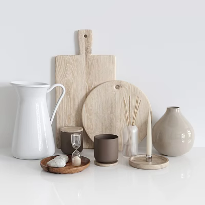 Modern Kitchenware Collection Featuring Wooden Cutting Boards White Jug Brown Mugs Vases And Reed Diffuser 3d model