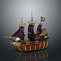 Pirate Ship with Purple Sails Skull Decoration Wooden Hull and Black Flag