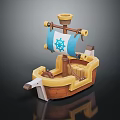 Toy Water Transport Boat Model With Blue Emblem Sail And Brown Yellow Hull