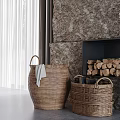 Wooden Dining Table With Rattan Chairs Ceramic Vase Tray Cutlery Against Curtains Stone Wall