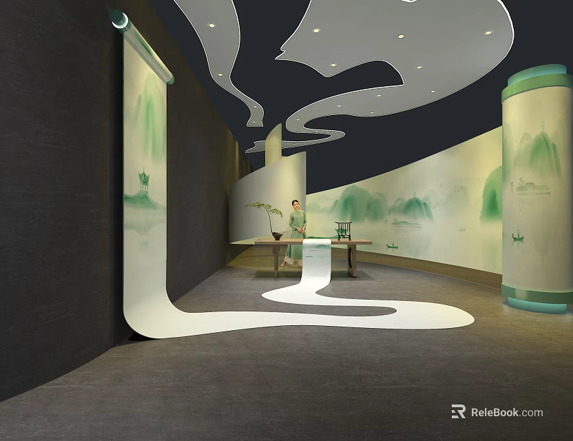 Oriental Style Tobacco and Liquor Store With Landscape Murals And Display Counters 3d model 