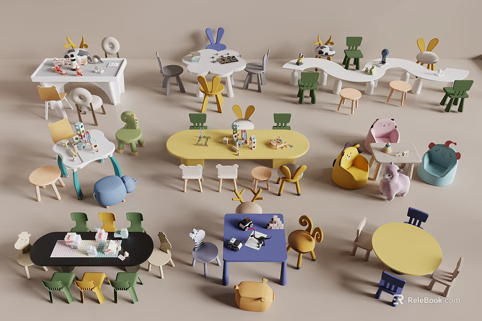 Colorful Children's Table Set With Matching Chairs And Bunny Toys For Kids 3d model 