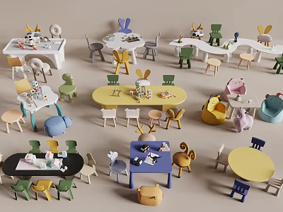 Colorful Children's Table Set With Matching Chairs And Bunny Toys For Kids 3d model