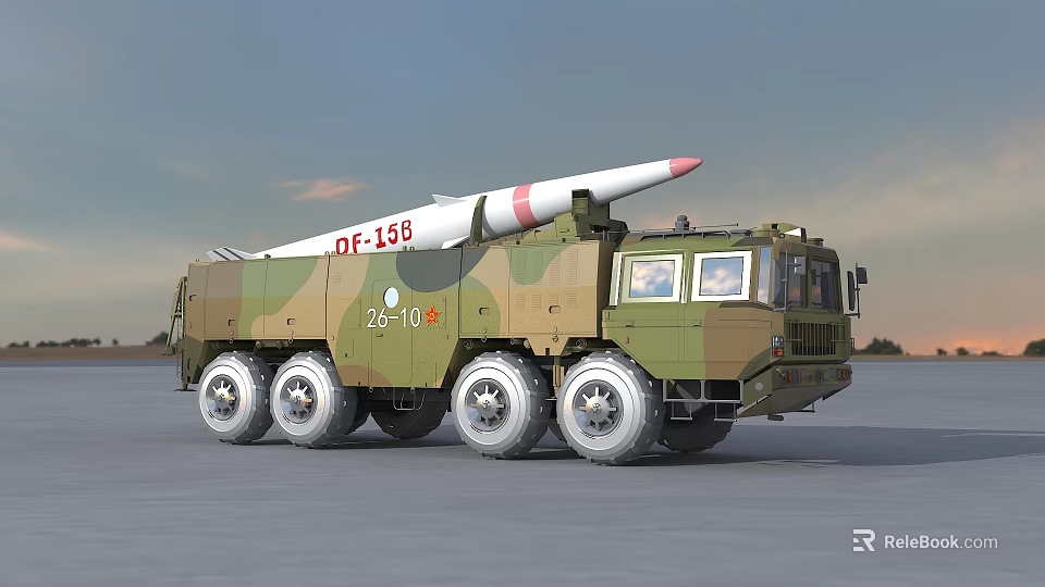 Military Vehicle With Camouflage Paint Multiple Wheels DF-15B Missile And Red Star Symbol 3d model 