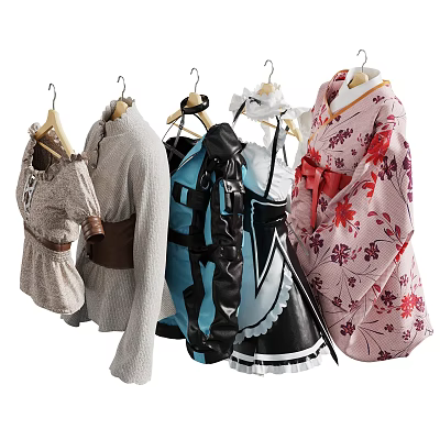 Various Fashionable Clothes With Traditional And Modern Designs And Patterns On Hangers 3d model
