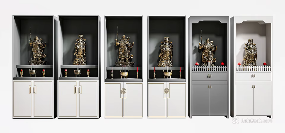 Chinese Style Buddhist Shrine Cabinets with Golden Statues Decorative Doors and White Gray Finish 3d model 