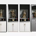 Chinese Style Buddhist Shrine Cabinets with Golden Statues Decorative Doors and White Gray Finish