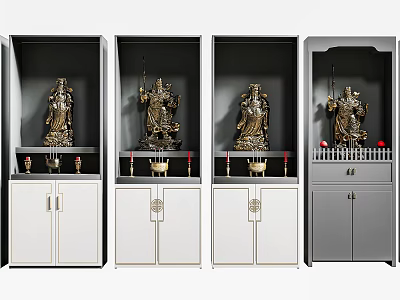 Chinese Style Buddhist Shrine Cabinets with Golden Statues Decorative Doors and White Gray Finish 3d model