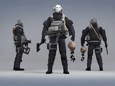 Men In Full Tactical Gear With Helmets And Weapons Standing Side By Side 3d model