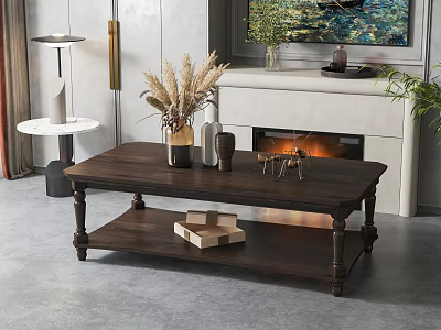 Dark Wooden Coffee Table In Living Room With Decorative Vases Books And Fireplace 3d model