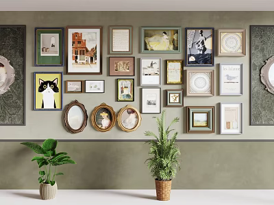 Wall Decor Featuring Various Framed Artworks And Green Plants On Gray Wall 3d model