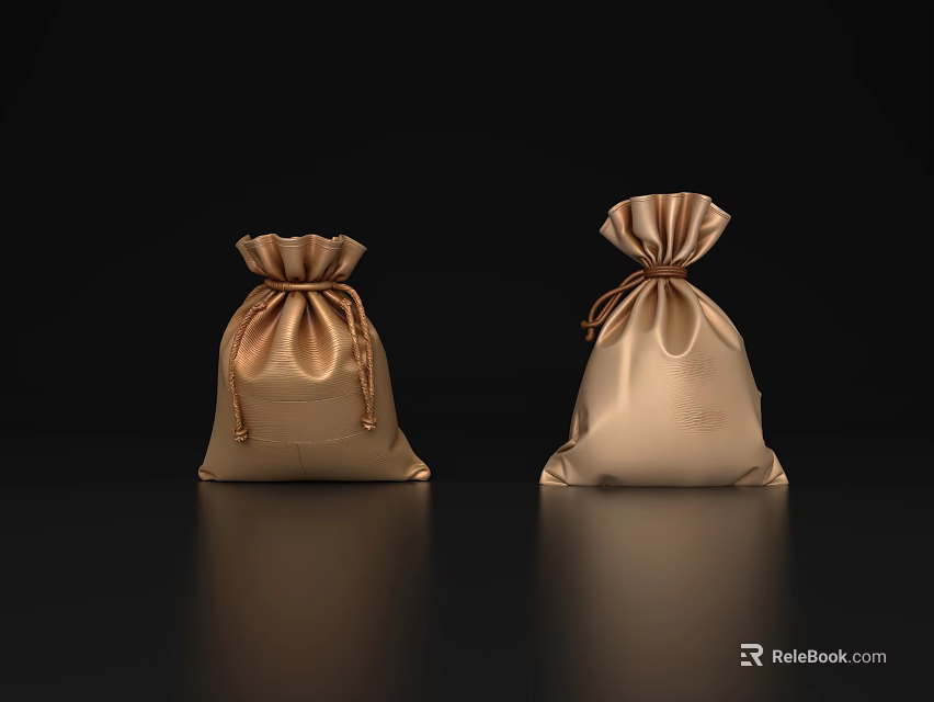 Elegant Decorative Ornament Set With Two Golden Satin Drawstring Pouches On Black Reflective Backdrop 3d model 