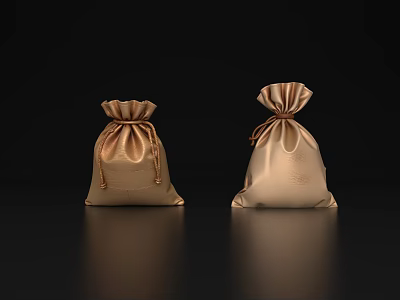 Elegant Decorative Ornament Set With Two Golden Satin Drawstring Pouches On Black Reflective Backdrop 3d model