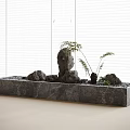 Indoor Stone Container Decor With Rocks Small Plants And Window Blinds Background 3d model