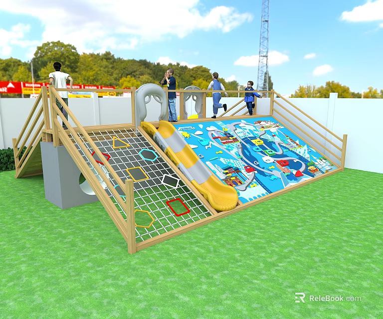 Kindergarten Outdoor Playground with Wooden Fence Green Lawn Colorful Slide Climbing Net and Kids Adults 3d model 