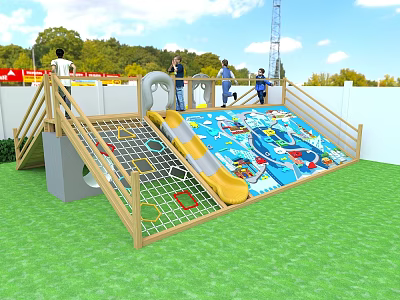 Kindergarten Outdoor Playground with Wooden Fence Green Lawn Colorful Slide Climbing Net and Kids Adults 3d model