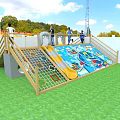 Kindergarten Outdoor Playground with Wooden Fence Green Lawn Colorful Slide Climbing Net and Kids Adults