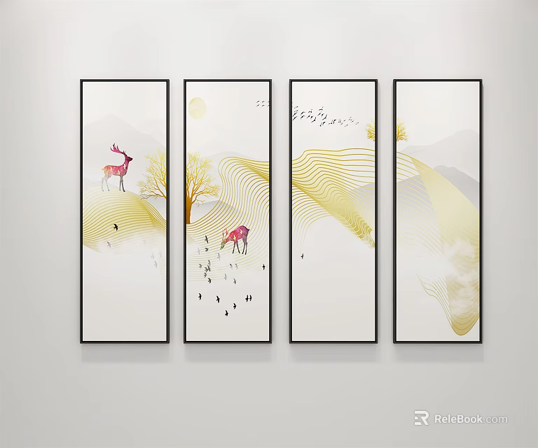 Four Panel Modern Decorative Wall Art With Deer Tree And Wavy Lines 3d model