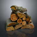 Stacked Natural Wood Logs With Green Mossy Bark And Smooth Cross Sections