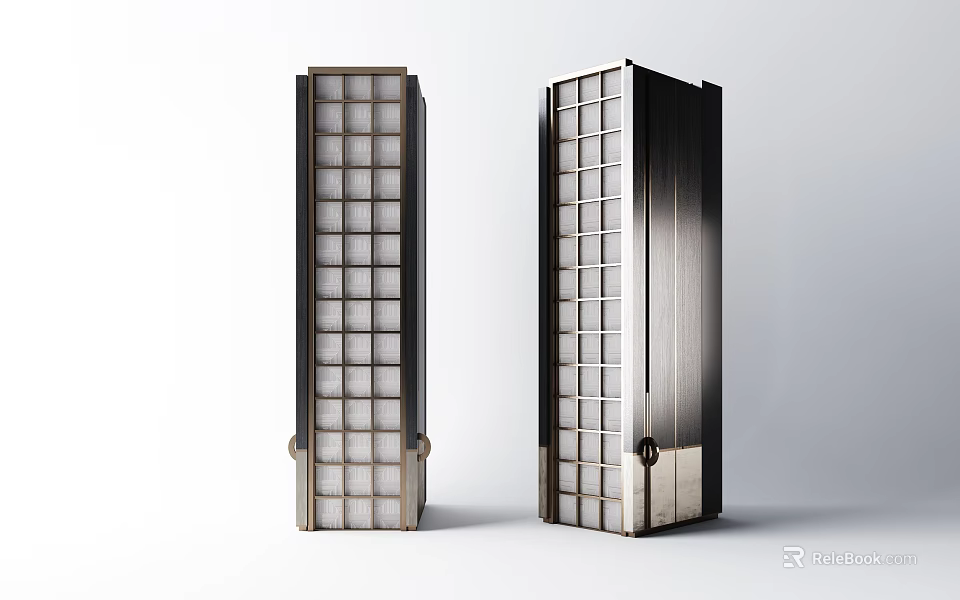 Modern Decorative Columns Two Tall Grid Patterned Sides Metallic Finish Dark And Light Contrast 3d model 