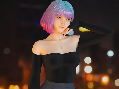 Woman With Pink And Blue Short Hair In Black Off Shoulder Top Night Bokeh Lights 3d model