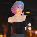 Woman With Pink And Blue Short Hair In Black Off Shoulder Top Night Bokeh Lights