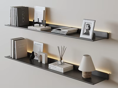 Modern Black Wall Shelves With LED Light Strips Books Photo Frame Decor And Table Lamp 3d model