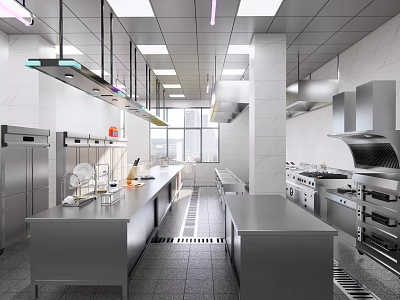 Commercial Kitchen Interior With Stainless Steel Worktables Range Hoods And Appliances 3d model