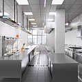 Commercial Kitchen Interior With Stainless Steel Worktables Range Hoods And Appliances