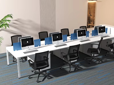 Modern Office Workspace With White Desk Multiple Monitors Black Chairs And Green Plant 3d model