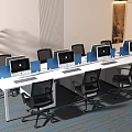 Modern Office Workspace With White Desk Multiple Monitors Black Chairs And Green Plant
