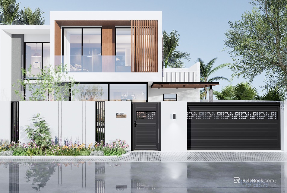 Modern Detached Villa With Large Windows Palm Trees Greenery And Black Garage Door 3d model 