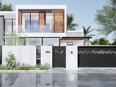 Modern Detached Villa With Large Windows Palm Trees Greenery And Black Garage Door 3d model