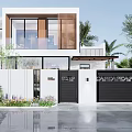 Modern Detached Villa With Large Windows Palm Trees Greenery And Black Garage Door