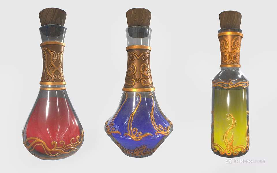 Three Decorative Glass Bottles With Red Blue Yellow Liquids Gold Patterns And Wooden Stoppers 3d model 