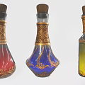 Three Decorative Glass Bottles With Red Blue Yellow Liquids Gold Patterns And Wooden Stoppers