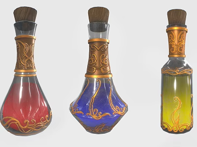 Three Decorative Glass Bottles With Red Blue Yellow Liquids Gold Patterns And Wooden Stoppers 3d model