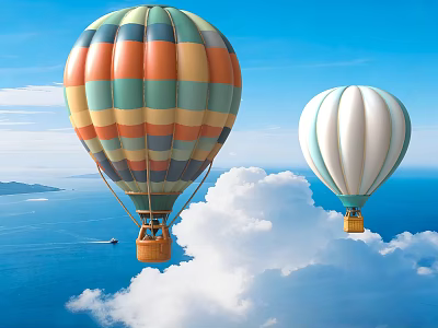 Colorful and White Hot Air Balloons Flying Over Blue Sky White Clouds and Sea 3d model