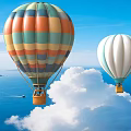 Colorful and White Hot Air Balloons Flying Over Blue Sky White Clouds and Sea
