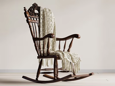 Classic Wooden Rocking Chair With Carved Back And Fringed Blanket In Minimalist Room 3d model
