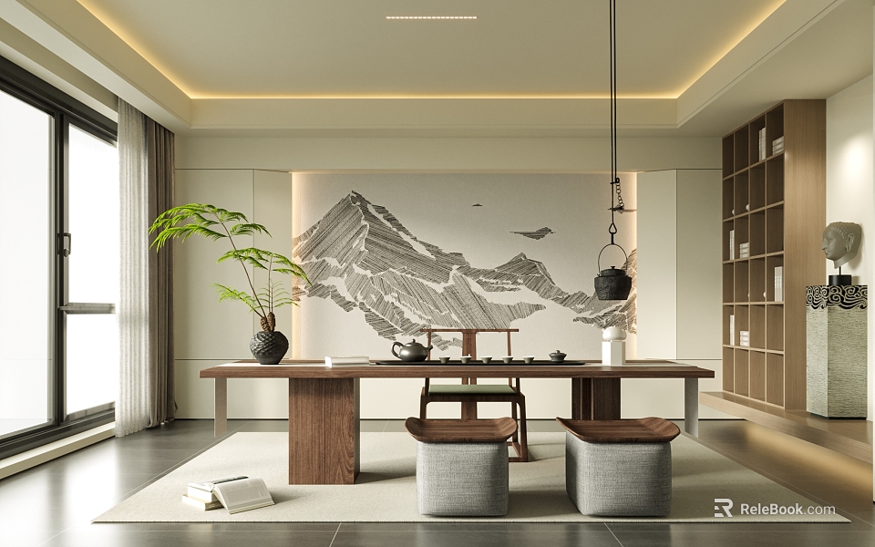 Traditional Tea Room Interior Design With Wooden Table Tea Sets And Mountain Painting 3d model 